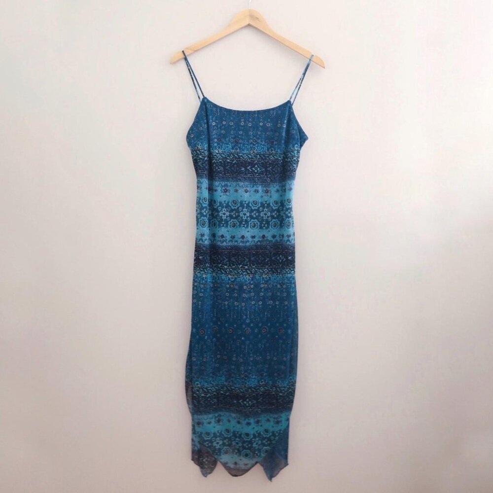 Vintage Rampage Y2K Slinky Maxi Dress Blue Bandana Print Handkerchief Hem